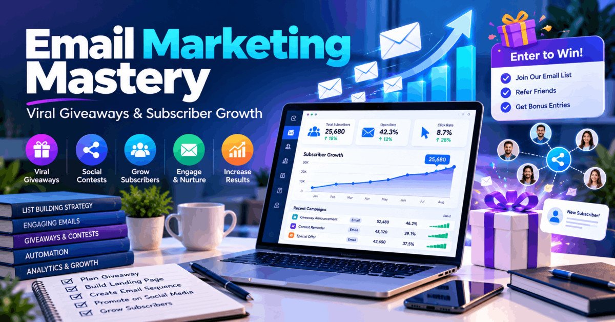 Email Marketing Mastery course showing email campaigns, subscriber growth, viral giveaways and social contests.