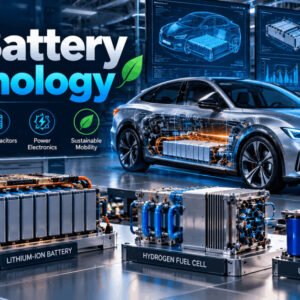 EV battery technology with lithium-ion batteries, fuel cells, motors, and electric vehicle energy systems