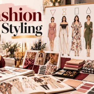 Fashion styling guide showing body shapes, textures, patterns and a creative mood board
