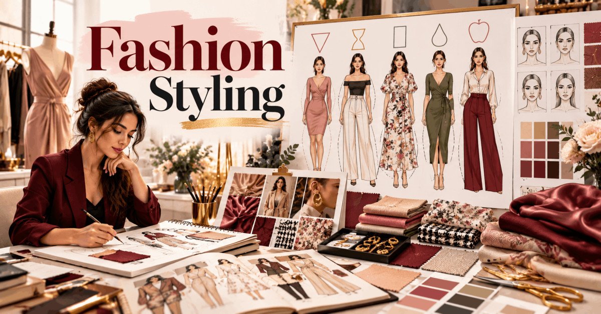 Fashion styling guide showing body shapes, textures, patterns and a creative mood board