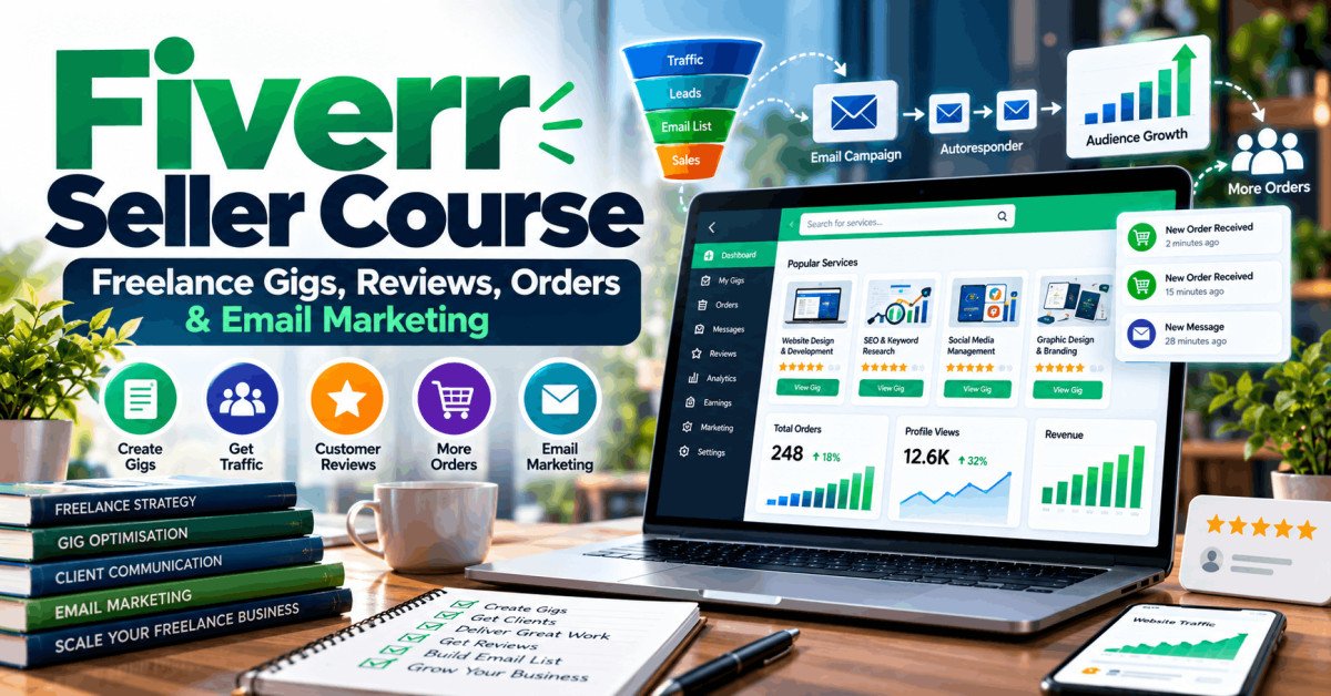 Fiverr seller course covering gig optimisation, customer reviews, email marketing, traffic and lead generation.