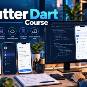Flutter Dart course showing mobile app code, interface layouts, navigation, forms and cross-platform development
