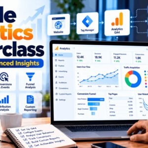 Google Analytics course showing GA4 reports, website metrics, conversion tracking and data insights.
