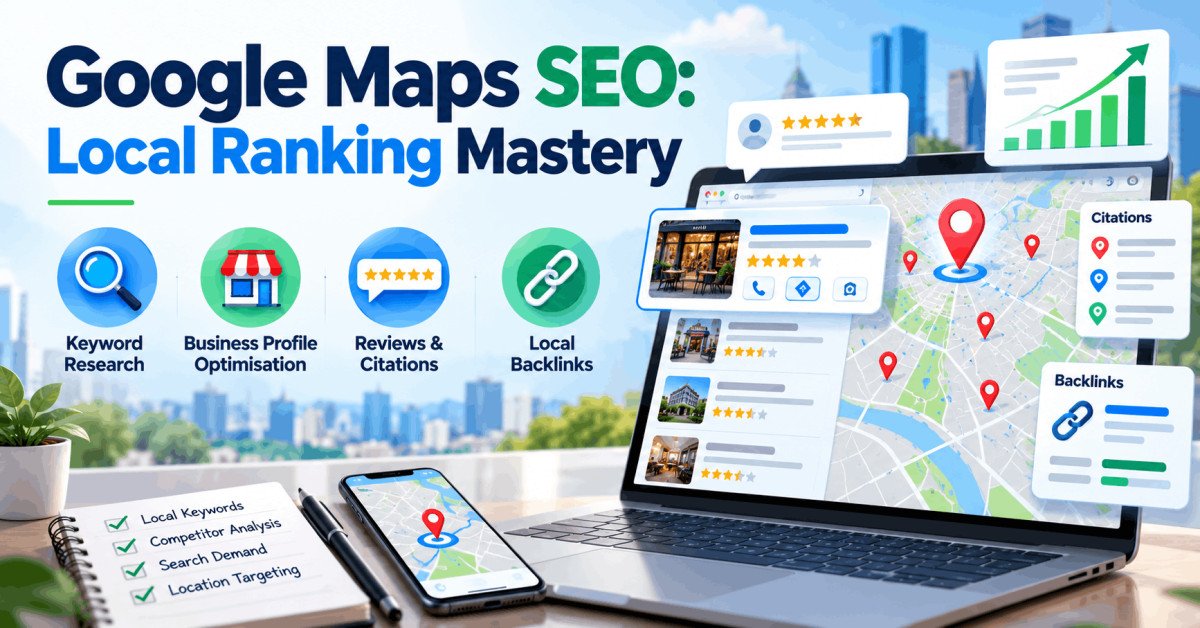 Google Maps SEO course showing local business map listings, location pins, reviews, citations and ranking analytics.