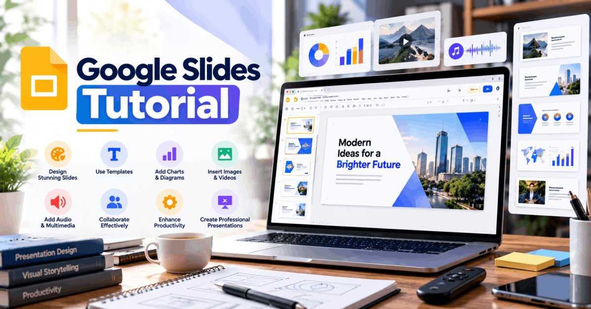 Google Slides tutorial showing a professional presentation with layouts, charts, images and multimedia