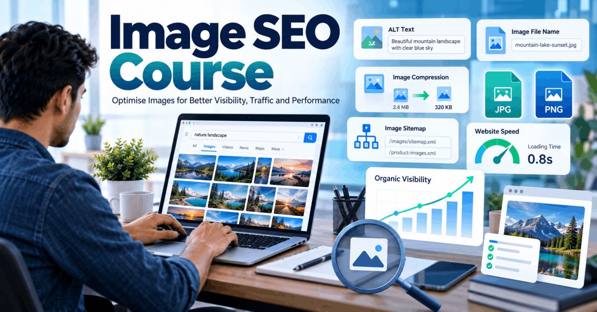Image SEO Course showing image optimisation, keyword research, alt text and search performance analytics.