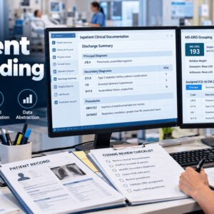 Inpatient DRG Coding professional reviewing ICD-10-CM codes, hospital documentation, diagnoses and MS-DRG data.