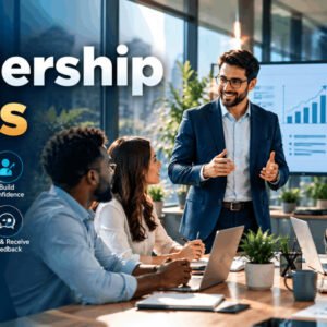 Leadership skills course showing a confident leader communicating with and empowering a diverse team