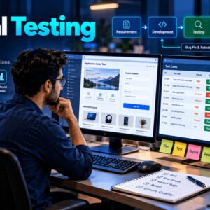 Manual Testing Course showing a software tester reviewing test cases, application screens and quality assurance checks