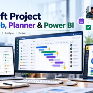 Microsoft Project course showing Planner tasks, project timelines, team collaboration and Power BI dashboards