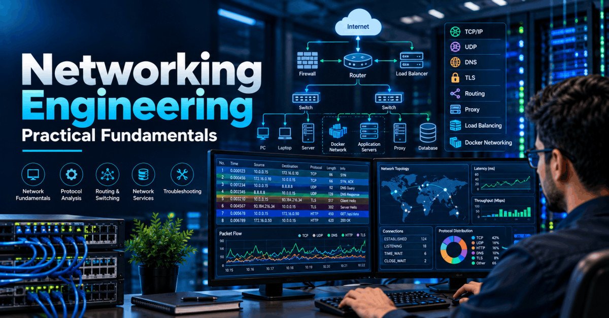Networking Engineering course showing servers, network connections, TCP/IP protocols and packet analysis tools.