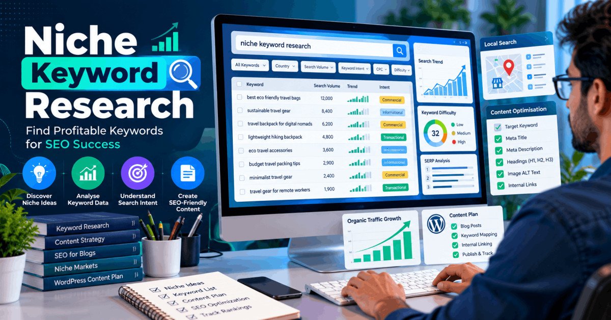 Niche keyword research dashboard showing search terms, volumes, long-tail keywords and SEO content analysis