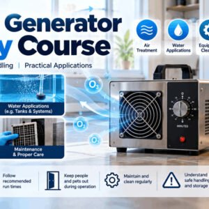 Ozone Generator Safety course showing an ozone device with air, water and maintenance symbols in a home setting.