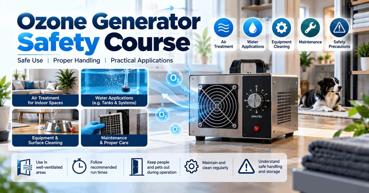 Ozone Generator Safety course showing an ozone device with air, water and maintenance symbols in a home setting.
