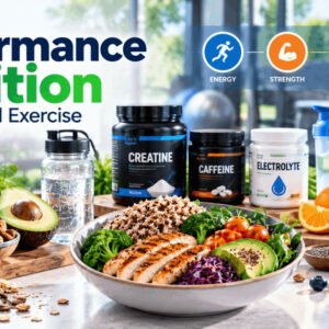 Performance nutrition for athletes with healthy foods, sports supplements, and hydration