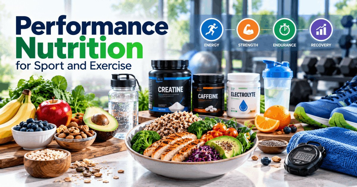 Performance nutrition for athletes with healthy foods, sports supplements, and hydration