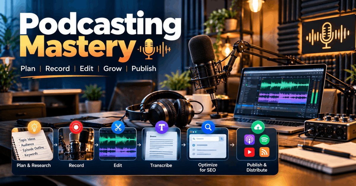 Podcasting Mastery course showing a professional microphone, headphones and podcast recording setup
