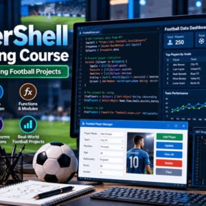 PowerShell Programming Course showing code, football statistics, API data and a Windows Forms application