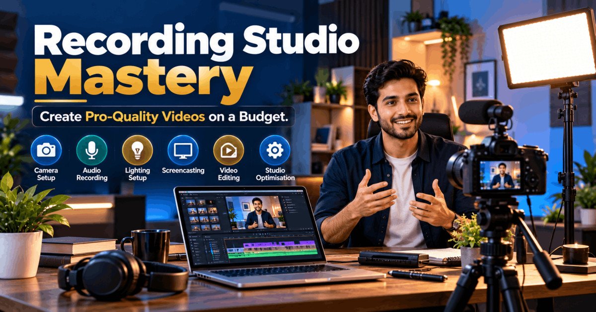 Recording Studio Setup with camera, lighting, microphone and computer for creating professional-quality videos on a budget.