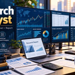 Research analyst course showing economic data, company analysis, valuation models, market charts and risk assessment.