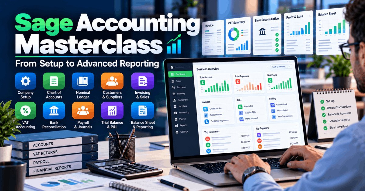 Sage Accounting course showing company accounts, VAT, payroll, bank reconciliation and financial reporting.