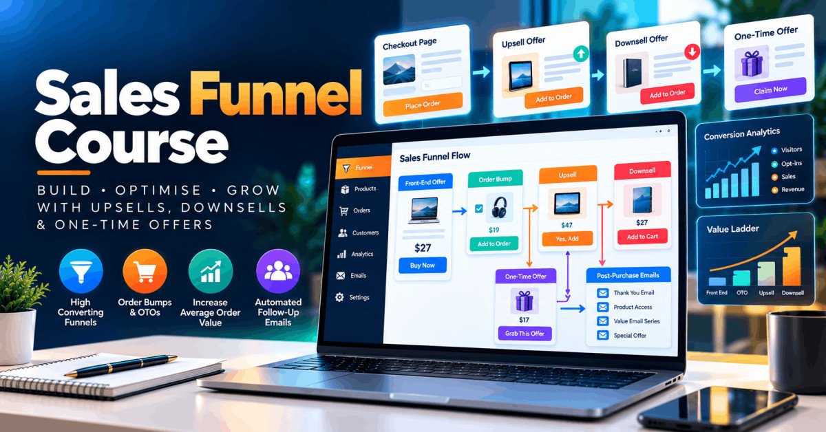 Sales funnel course showing upsells, downsells, one-time offers, value ladders and post-purchase email sequences.