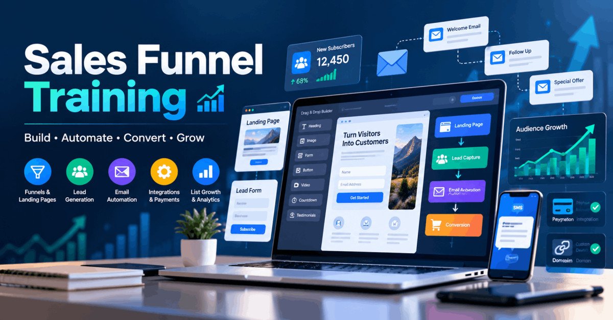 Sales Funnel Training covering landing pages, lead capture, email automation, integrations and audience growth.