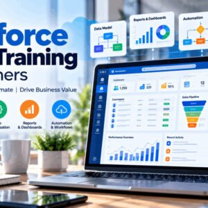 Salesforce Admin Training with CRM dashboards, data management and platform customisation on a computer screen