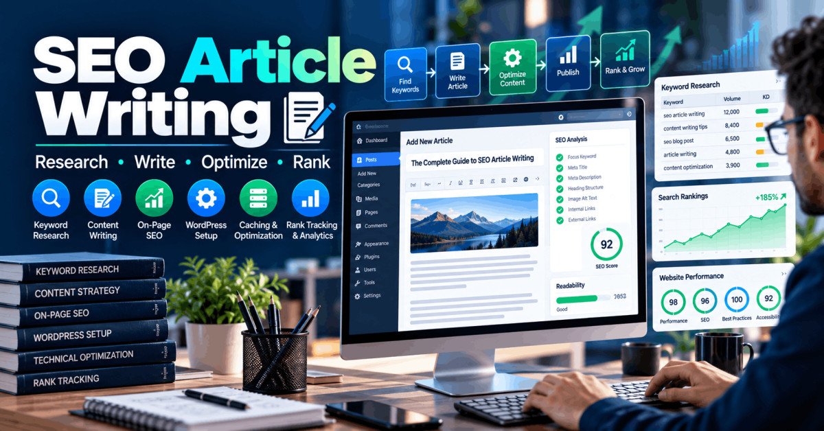 SEO Article Writing course showing keyword research, WordPress optimisation and search ranking analysis