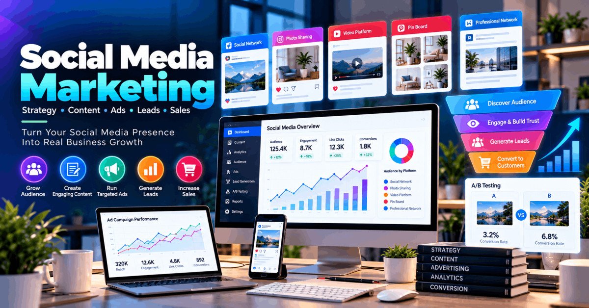 Social media marketing course featuring Facebook, Instagram, YouTube, LinkedIn, ads and conversion funnels.