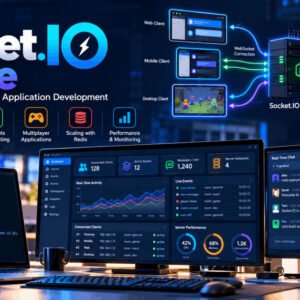 Socket.IO Course showing real-time client-server connections, WebSockets, chat messaging and live application data