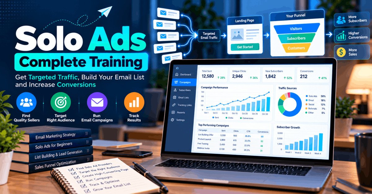 Solo Ads course showing email list growth, campaign tracking and digital advertising analytics