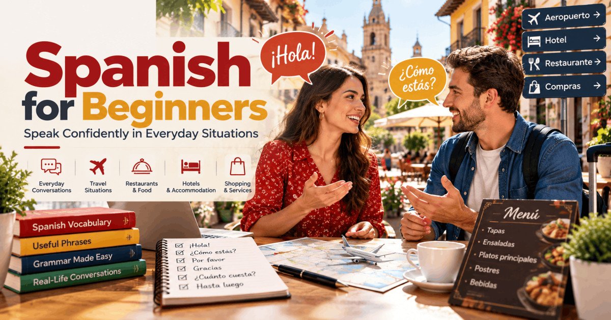 Spanish for Beginners course with conversation bubbles, travel icons and everyday Spanish phrases in a modern learning scene.