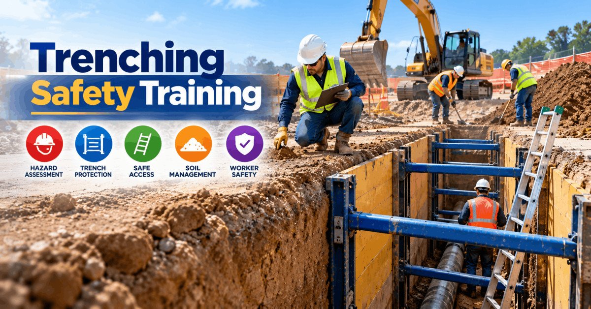 Trenching Safety Training showing workers using protective systems around a secured excavation site