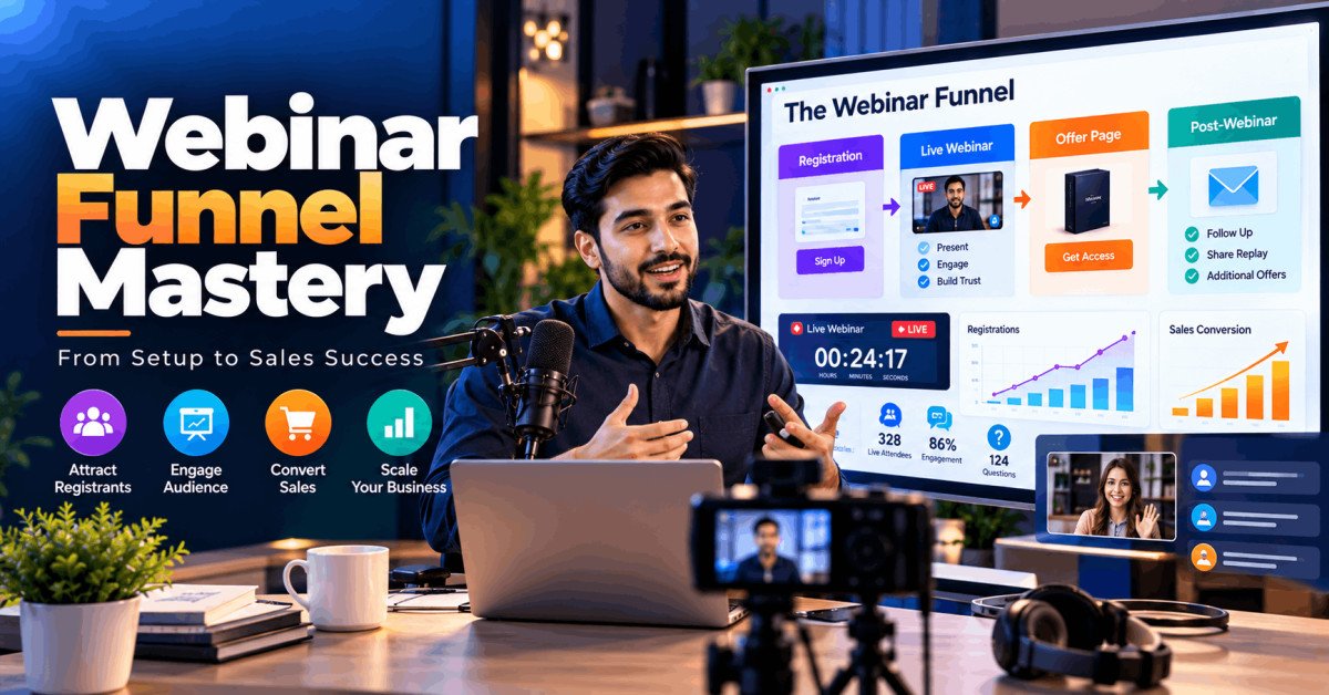 Webinar Funnel course showing a live presentation, sales funnel, countdown timer and webinar recording setup.