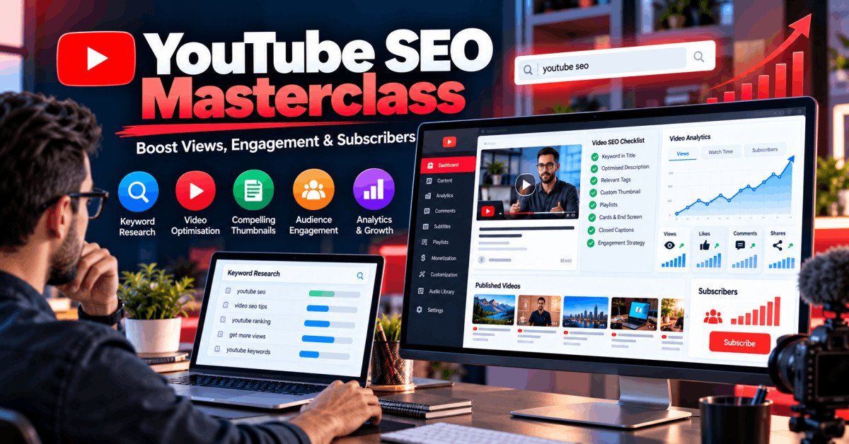 YouTube SEO course showing video optimisation, keyword research, analytics, engagement and subscriber growth strategies.