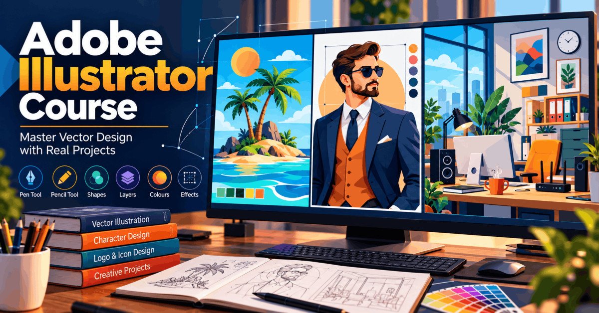 Adobe Illustrator Course artwork showing a flat island, businessman character and colourful modern office illustration.