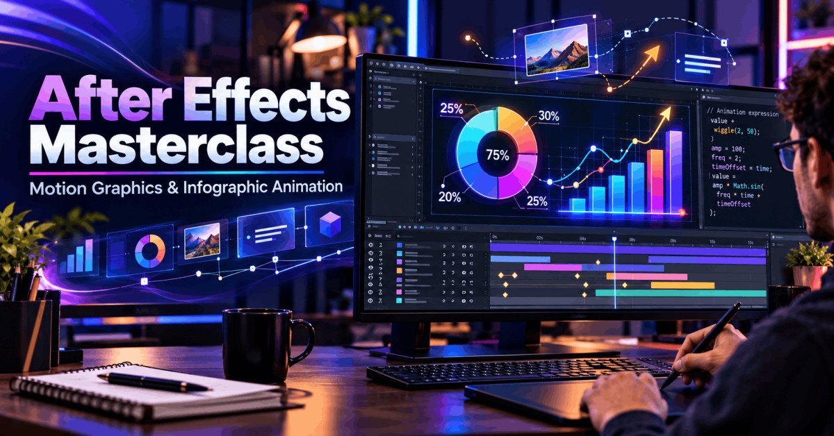 After Effects Masterclass showing animated pie charts, bar graphs, line charts and motion graphics