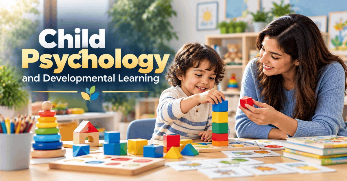 Young child learning through play with an adult, representing child psychology, communication and development.