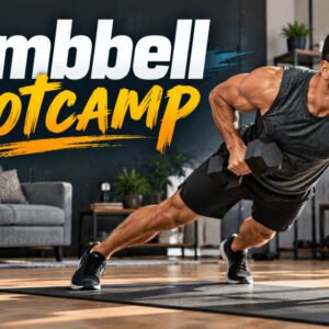 Dumbbell Bootcamp home workout featuring strength, power, conditioning and endurance exercises with dumbbells.