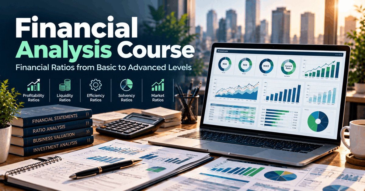 Financial Analysis Course dashboard displaying profitability, liquidity, ROA, ROCE and business performance ratios