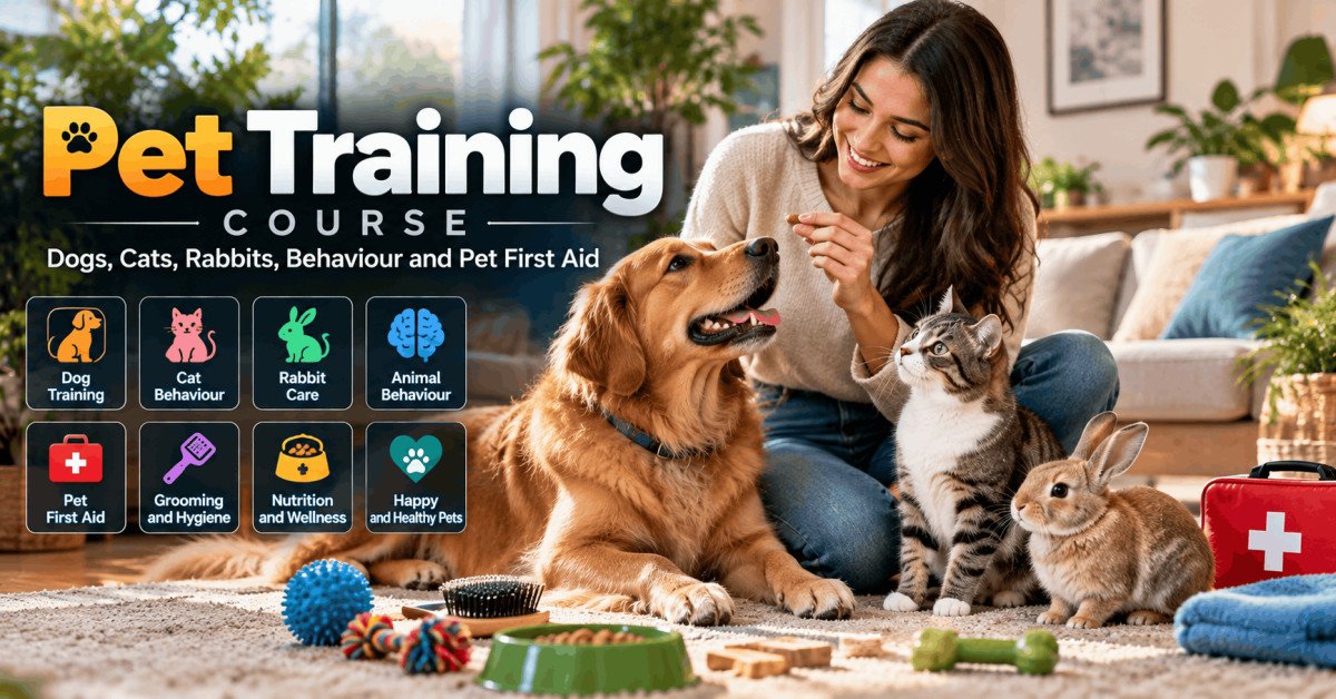 Pet Training Course showing a dog, cat and rabbit with an owner learning behaviour, care and pet first aid