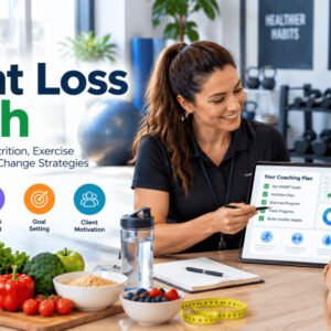Weight loss coach discussing fitness, nutrition, goals and progress with a client in a professional coaching setting.